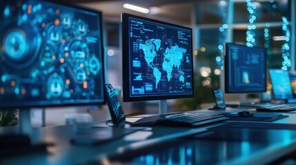 Remote collaboration tools with blue and multi-colored tech displays in a modern workspace