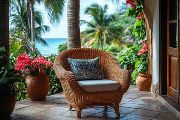 Fototapeta premium Wicker armchair on a patio overlooking a tropical beach with palm trees.