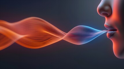 Close-up of a person's face with a stylized, colorful stream of particles flowing from their mouth.