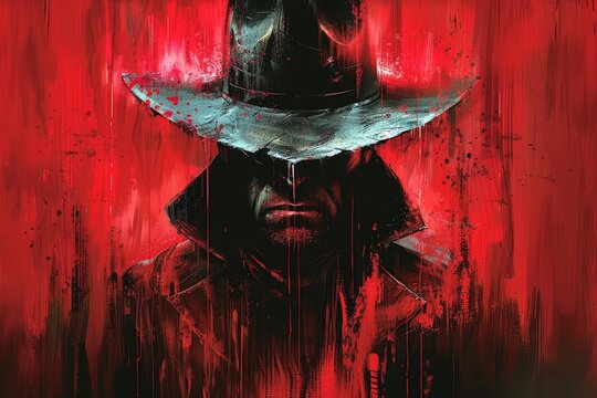 A dark and mysterious gunslinger wearing a black hat and coat stands against a blood-red background. Perfect for book covers, movie posters, and other creative projects.
