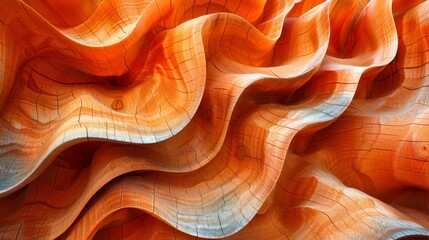 A wooden sculpture with flowing curves and vibrant orange hues, capturing movement like a fiery wave against a black background, a visual delight for art enthusiasts.
