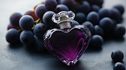 Heart-Shaped Elegance, a luxurious perfume bottle filled with rich purple liquid, surrounded by plump dark grapes, exuding bold beauty and opulence in a minimalist setting.