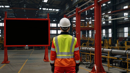 Fototapeta premium worker watch monitor sign factory industry wear helmet machine working automatic