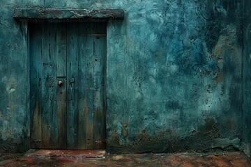 A weathered wooden door, painted in faded blue, reveals raw wood underneath. Set in a matching peeling blue concrete wall, creating a visual contrast of textures and colors.