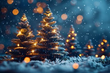 Fototapeta premium Snow-covered Christmas trees adorned with glowing lights set in a winter wonderland with bokeh lights and falling snow.