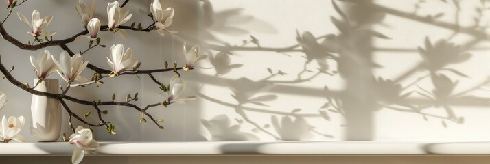 Mockup featuring a blank white shelf illuminated by natural light with shadows and adorned by fresh magnolia.