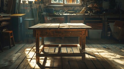 Aged wooden table and workshop setting. Vintage photo with sunlight and shadows.