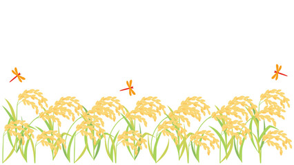 実った稲・稲穂と赤とんぼのイラスト　アスペクト比16：9バージョン © Rica Nohara