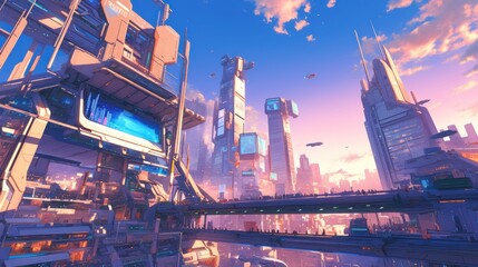 Fototapeta premium A vibrant futuristic cityscape with towering buildings and a colorful sky at sunset.