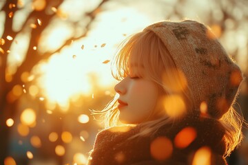 秋の公園で目を閉じてリラックスする若い女性