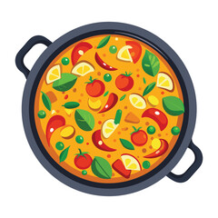  a top view vegetable paella on white background