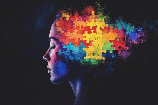 Neural architecture Neural function Surreal portrait of a woman with a rainbow colored puzzle brain symbolizing creativity imagination and the colorful diversity of thought