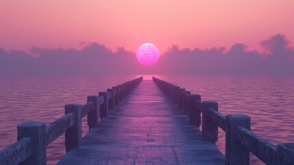 A Pier Leading to a Pink Sunset Over a Calm Sea