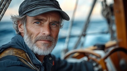 Portrait of a Mature Captain at the Helm of His Sailboat During Blue Hour, Vintage Nautical Theme with Sunset Light and Ocean View, Focus on Confident Expression and Hat, Cinematic Lighting 