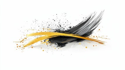 Abstract art featuring bold black and gold brushstrokes with dynamic splatter effects on a clean white background.
