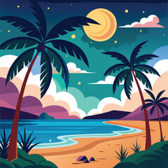 a tropical beach scene with palm trees and the moon