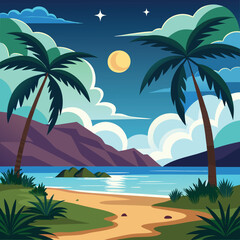 a tropical beach scene with palm trees and the moon
