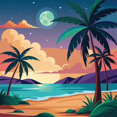 a tropical beach scene with palm trees and the moon
