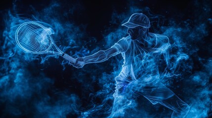 This image features a neon silhouette of a tennis player in motion, enveloped in swirling blue smoke. The dynamic composition and vivid colors create a sense of energy and movement, perfect for sports
