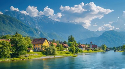 Fototapeta premium Scenic riverside village with mountains and clouds under a clear blue sky.