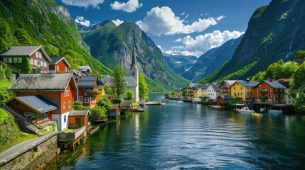 Fototapeta premium Scenic view of a fjord with colorful houses and mountains under a bright sky.