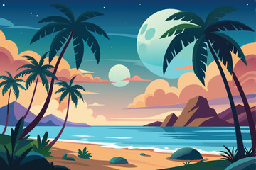 a tropical beach scene with palm trees and the moon