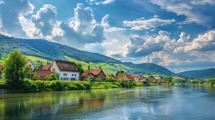 Fototapeta premium A scenic riverside village surrounded by lush hills and dramatic clouds.