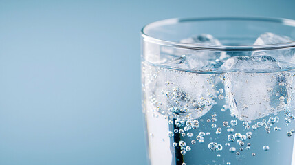 A refreshing glass of sparkling water with ice cubes, showcasing bubbles and clarity against soft blue background.