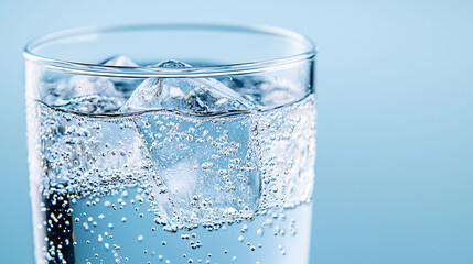 A refreshing glass of sparkling water with ice cubes, showcasing bubbles and clarity.