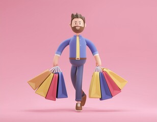 3D happy cartoon man walks with a stack of shopping bags, 3D illustration