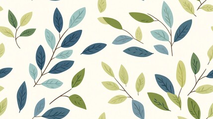 Serene Foliage Seamless Pattern: A delicate and calming pattern of blue and green leaves on a white background, perfect for nature-inspired designs. 
