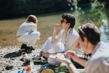 Group of friends having a relaxing picnic by a peaceful lakeside on a sunny day. They are eating and enjoying nature's beauty.