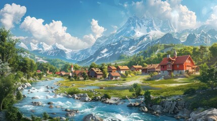 Fototapeta premium A serene landscape featuring mountains, a river, and quaint houses under a bright sky.