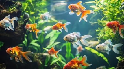 Goldfish Swimming in a Lush Aquarium
