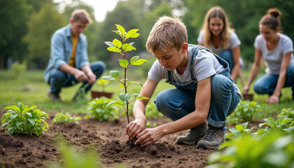 A young volunteer plants a tree at a community gardening event focused on sustainability.







