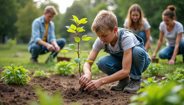 A young volunteer plants a tree at a community gardening event focused on sustainability.







