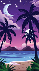 a tropical beach scene with palm trees and the moon