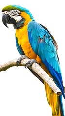 Fototapeta premium Blue-and-yellow Macaw, Yellow and Blue on White Background, Realistic Photo, Texture, Pattern Background, Wallpaper, Cover and Screen of Smartphone, PC, Laptop, 9:16 and 16:9 Format