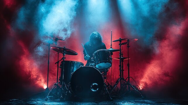 A drummer performs on stage in a haze of red and blue light.