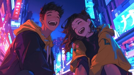 Obraz premium A vibrant city scene featuring two friends laughing together amidst neon lights.