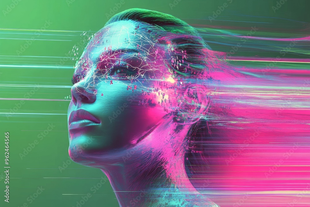 Canvas Prints neurofunction brain activity digital glitch art of a woman’s face melting into pink and blue neon st