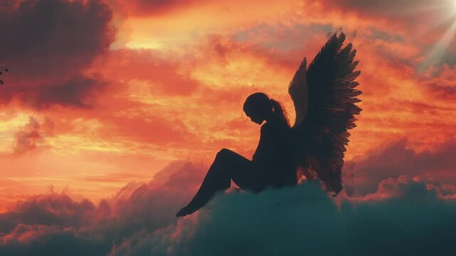 silhouette of an angel sitting on a cloud with a sunset background. Virtual 4K video animation background with looping time lapse with very smooth graphics.