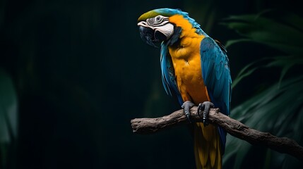 Obraz premium Blue and Yellow Macaw on Black Background, Realistic Photo, Texture, Pattern Background, Wallpaper, Cover and Screen for Smartphone, PC, Laptop, 9:16 and 16:9 Format