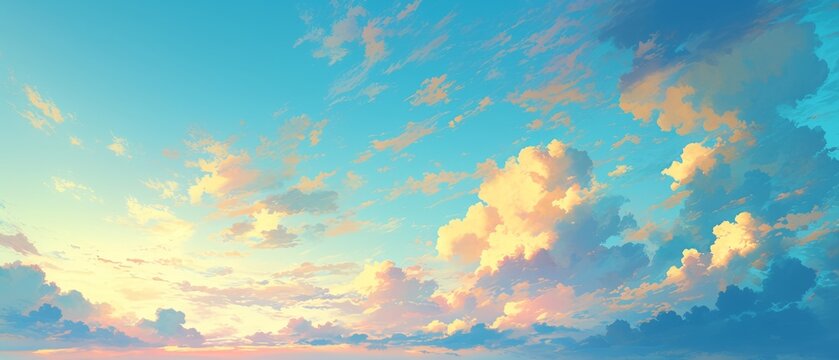 Vertical view of vibrant multicolored clouds at sunset, illuminated by warm golden and pink light, with a serene blue sky, capturing the peaceful beauty of nature