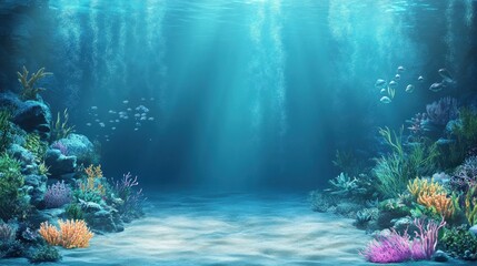 Fototapeta premium Underwater scene with vibrant coral and fish illuminated by sunlight.
