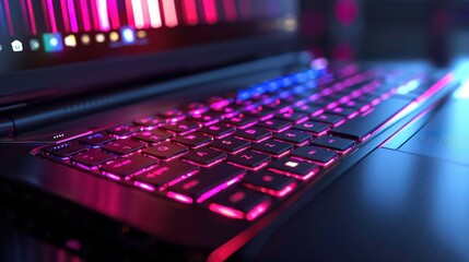 Close-up of a black laptop keyboard lit by pink and blue light.