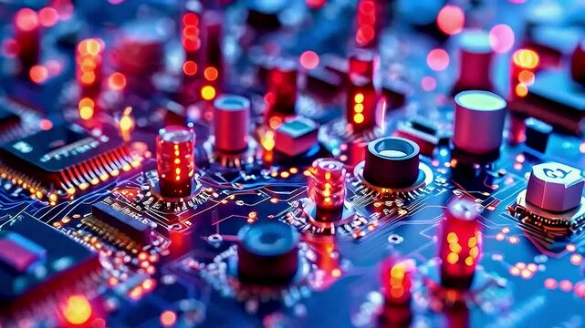 a circuit board  with  red lights