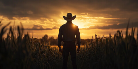 Hayday concept. Back of a cowboy looking his own land. Golden hour. Text space. Banner style. Outdoor shot