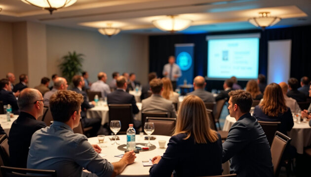 Attendees are seated at round tables in a conference room, listening attentively to a speaker.