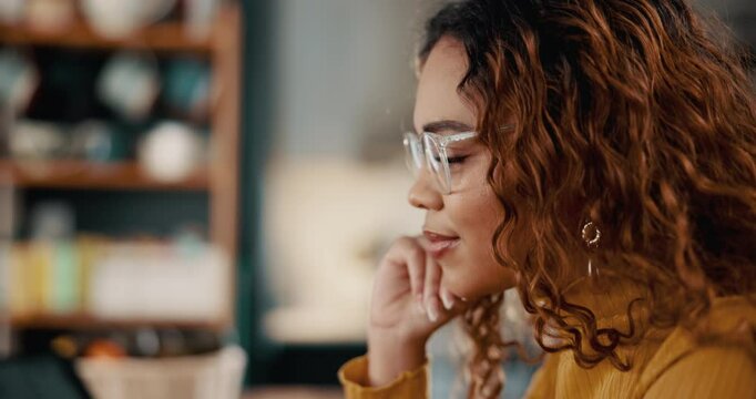 Thinking, student and woman in home on laptop with ideas for assignment, essay and school project. University, college and person on computer with ideas for online learning, education and studying